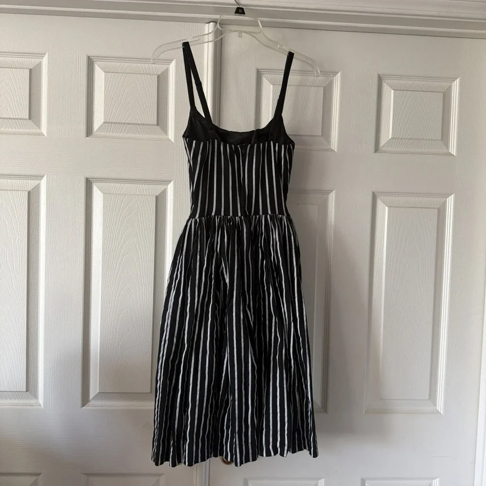 Pinup Couture Dress XS Black White Stripe Fit Flare Midi Pockets Lined Boning